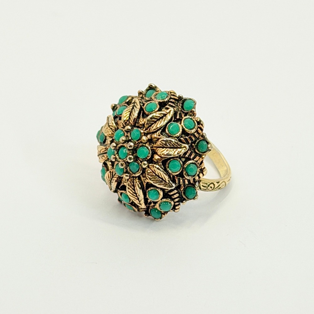 Baroque Vintage Green Cocktail Ring Domed Leaf Cluster 1960s Statement Ring